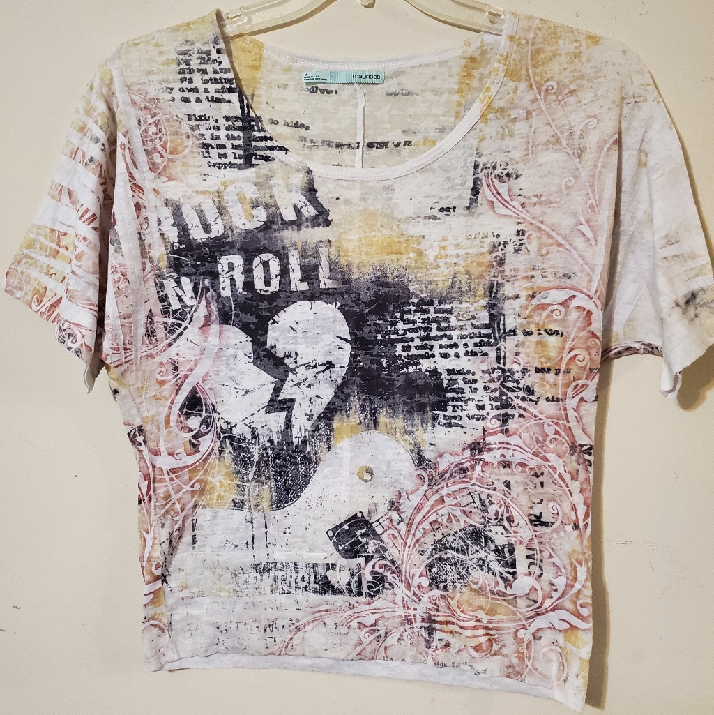 Y2k Burnout Graphic Tee Rock N Roll Banded Bottom Scroll Print Top Large